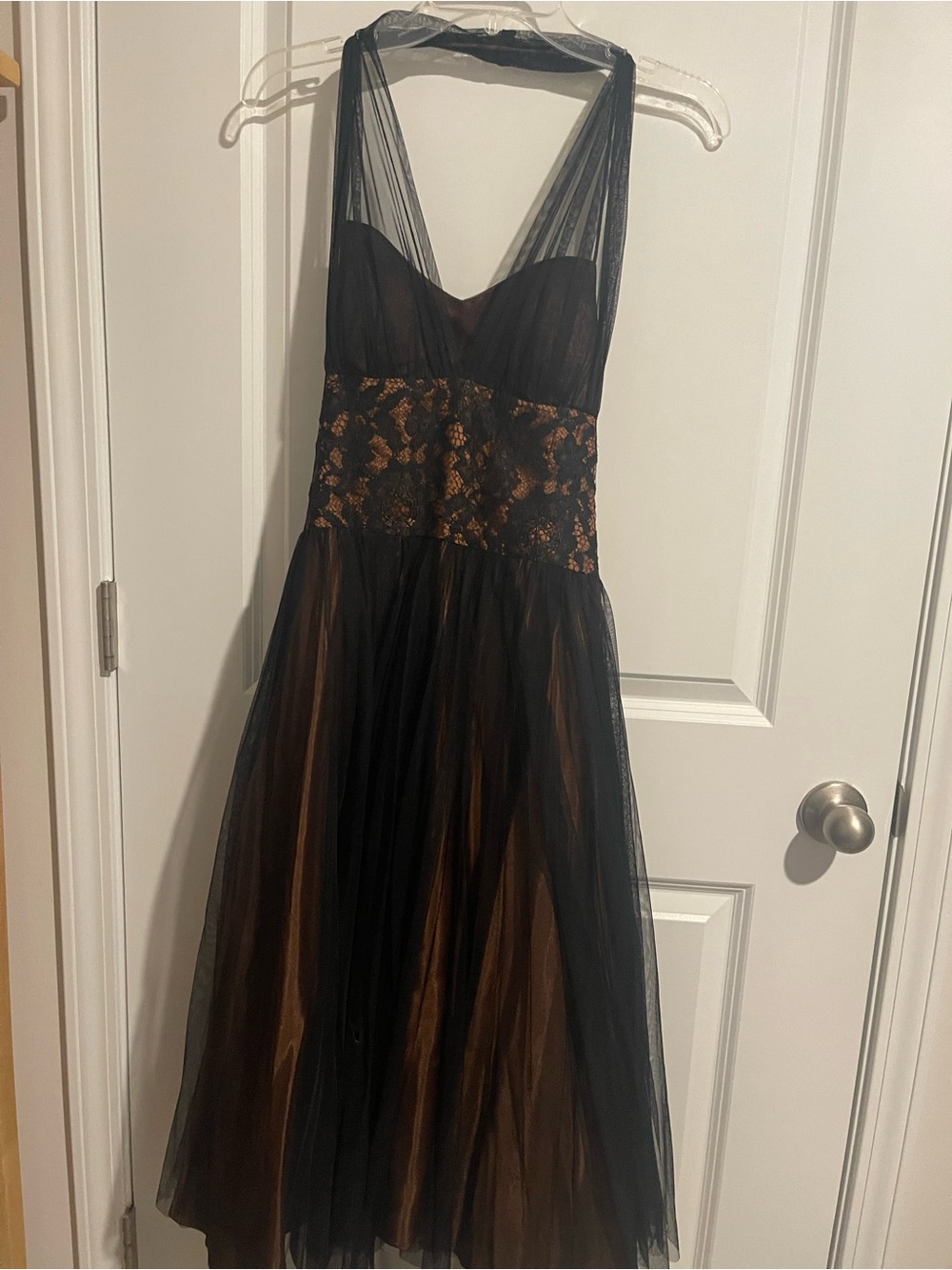 Black and Copper Lace-Detail Evening Dress Betsey & Adam 8 Marilyn Style MIDI